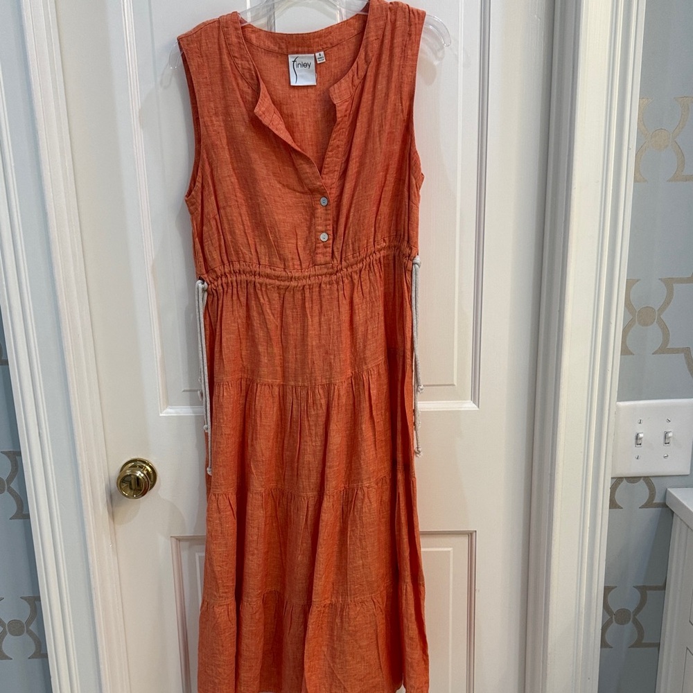 Eileen Fisher Rust Orange Sleeveless Tiered Linen Dress